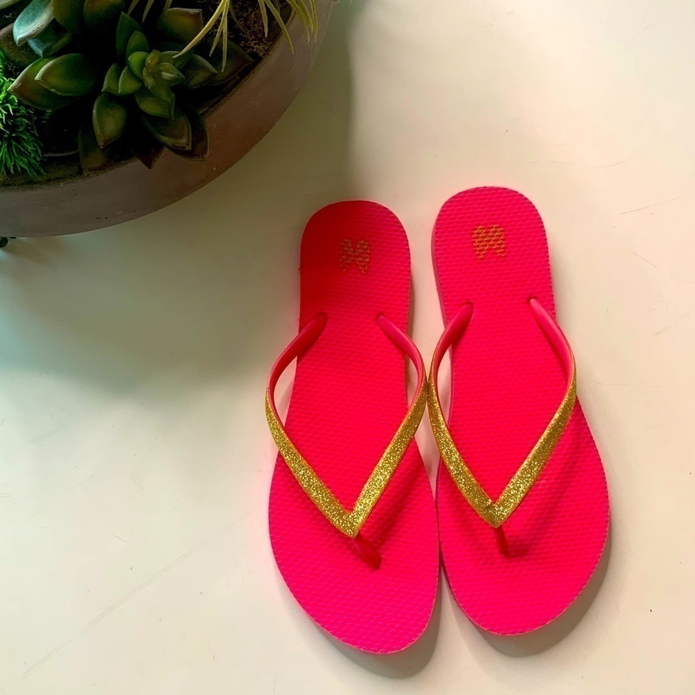 Hot pink glitter gold skinny thong sandals flip flop pool water shoe size 6-7